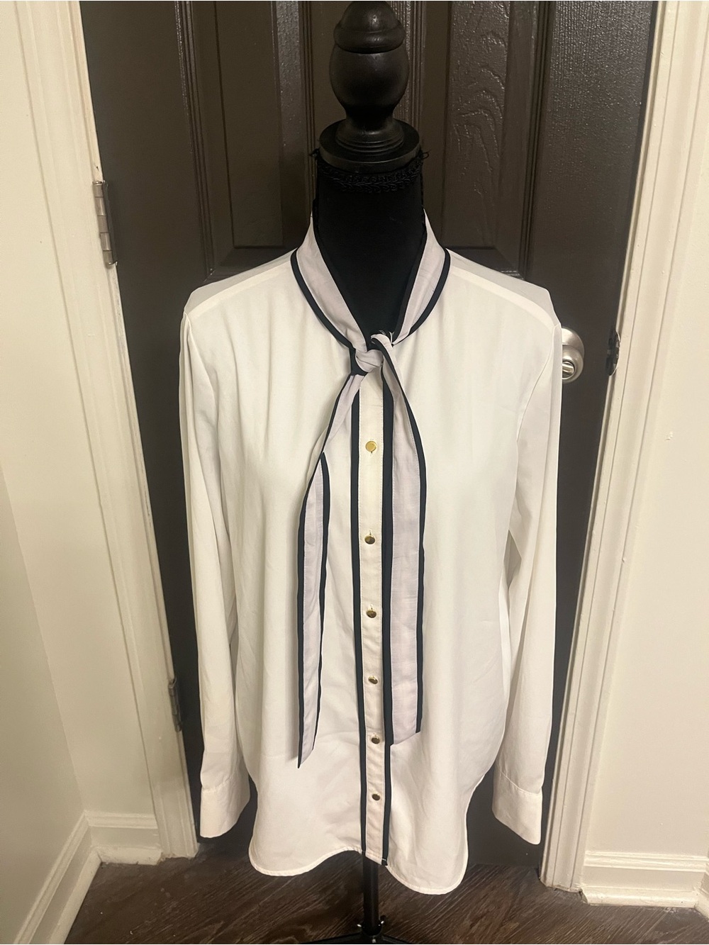Calvin Klein White Tie-Neck Blouse with Navy Trim